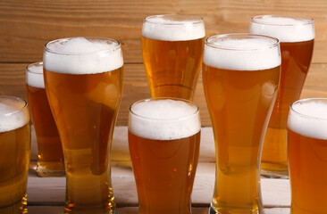Glasses of cold beer on table. Oktoberfest celebration