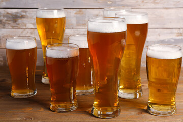Glasses of cold beer on table. Oktoberfest celebration
