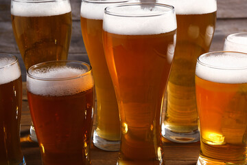 Glasses of cold beer on table. Oktoberfest celebration