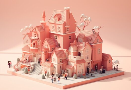 Pink isometric houses with chimneys and miniature