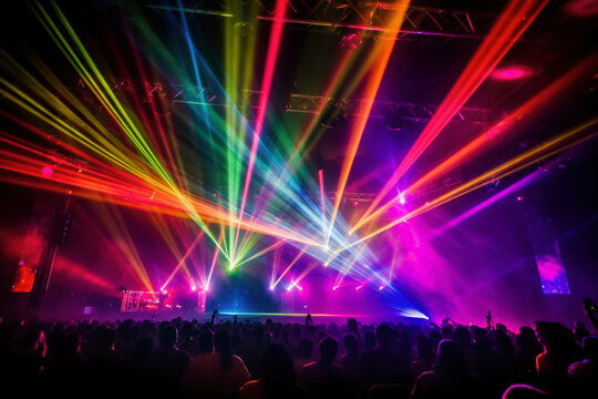 Colorful flashy laser beams on a live stage, Generative AI