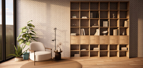 Interior of a room with a window and bookshelf