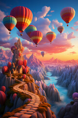 Hot air balloons flying above a mountain. AI generative