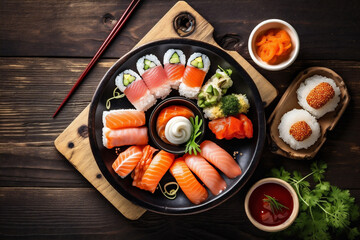 Fototapeta na wymiar rice sushi japanese fresh roll healthy seafood asian food fish. Generative AI.