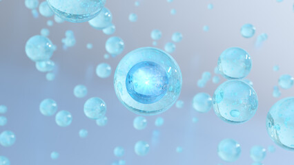 3D rendering Cosmetics Blue Serum bubbles on defocus background. Collagen bubbles Design. Moisturizing Essentials and Serum Concept. Vitamin for health care and beauty concept. 