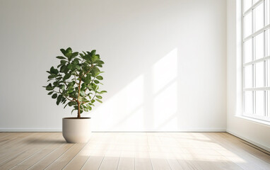Empty white room interior with plant pot on a wooden floor