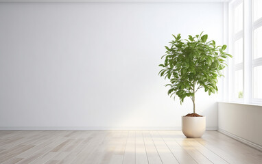 Empty white room interior with plant pot on a wooden floor