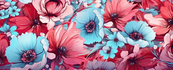 Fotobehang red pink flowers and foliage colorful pattern spring summer background © EnelEva