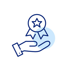 Reward icons. Medal with ribbon in a hand. Pixel perfect, editable stroke icon