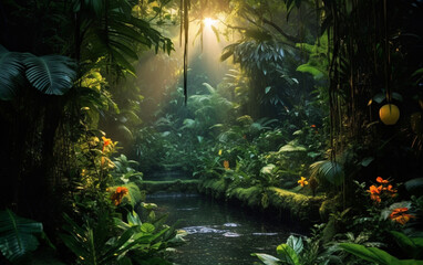 Mysterious tropical rainforest glows with lush greenery