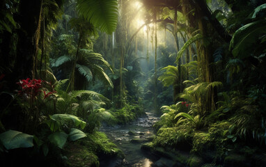 Fototapeta na wymiar Mysterious tropical rainforest glows with lush greenery
