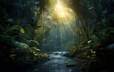 Mysterious tropical rainforest glows with lush greenery