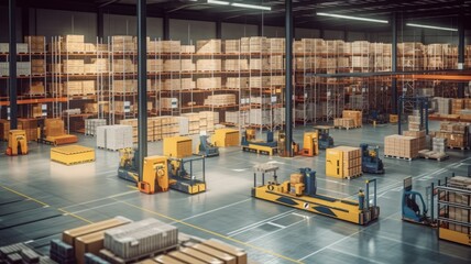 Huge distribution warehouse with high shelves and loaders. Generative AI