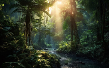 Mysterious tropical rainforest glows with lush greenery