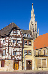 Half timbered house and church tower in Merseburg, Germany