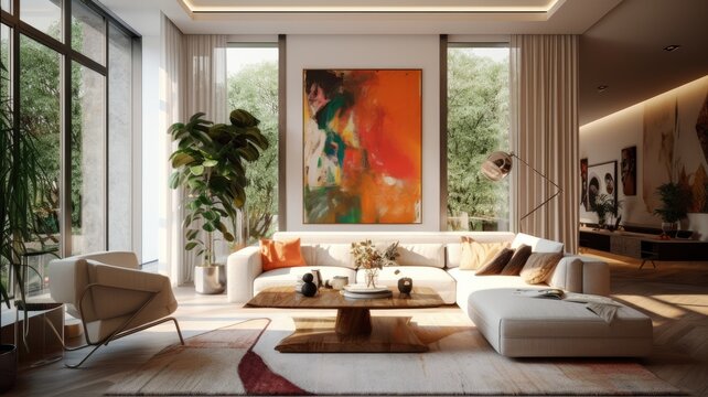 Interior of living room with white sofa. Generative AI