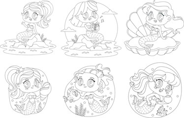 Outlined Cute Little Mermaid Girl Cartoon Characters. Vector Hand Drawn Collection Set Isolated On Transparent Background
