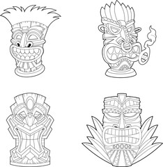Outlined Cartoon Tiki Tribal Wooden Masks. Vector Hand Drawn Collection Set Isolated On Transparent Background