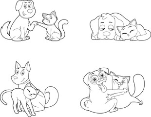 Outlined Dog And Cat Cartoon Characters Together. Vector Hand Drawn Collection Set Isolated On Transparent Background