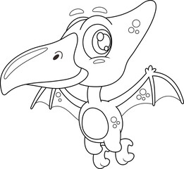 Outlined Cute Baby Pterodactyl Dinosaur Cartoon Character Flying In The Sky. Vector Hand Drawn Illustration Isolated On Transparent Background © HitToon.com