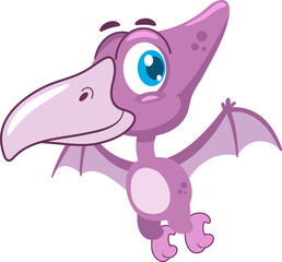 Cute Baby Pterodactyl Dinosaur Cartoon Character Flying In The Sky. Vector Illustration Flat Design Isolated On Transparent Background