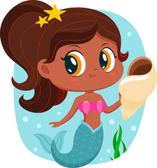 Cute Little Afro American Mermaid Girl Cartoon Character Swims Underwater. Vector Illustration Flat Design Isolated On Transparent Background