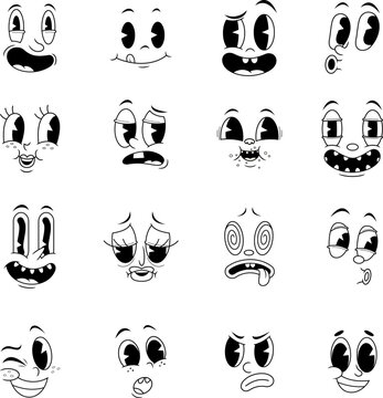 Outlined Retro Cartoon Funny Faces 30s, 50s, 60s Vintage Old Animation Style. Vector Hand Drawn Collection Set Isolated On Transparent Background