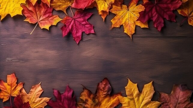 Yellow and red autumn leaves of trees on a wooden background, autumn background, copy space. Generative AI