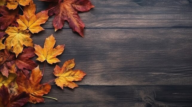 Yellow and red autumn leaves of trees on a wooden background, autumn background, copy space. Generative AI