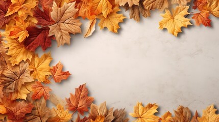 Yellow and red autumn leaves of trees on a light background, autumn background, copy space. Generative AI