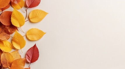 Obraz premium Yellow and red autumn leaves of trees on a light background, autumn background, copy space. Generative AI
