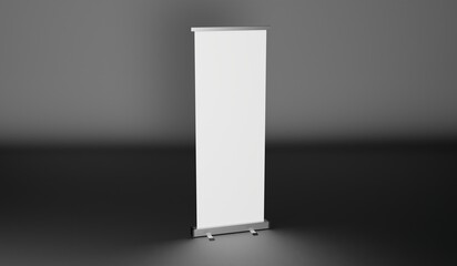 Blank roll up banner stand in dark room. 3d render