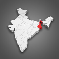 West Bengal state location within India map. 3D Illustration