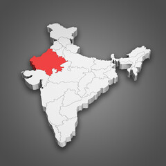 Fototapeta premium Rajasthan state location within India map. 3D Illustration