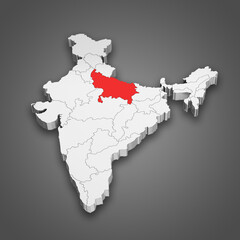 Uttar Pradesh state location within India map. 3D Illustration