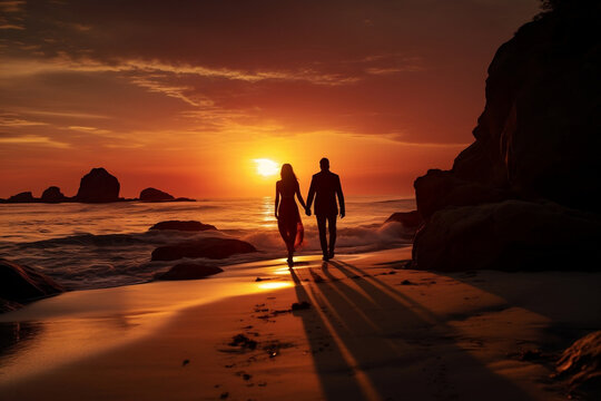 A romantic sunset stroll along a secluded beach, with the silhouettes of a couple entwined in an eternal embrace.