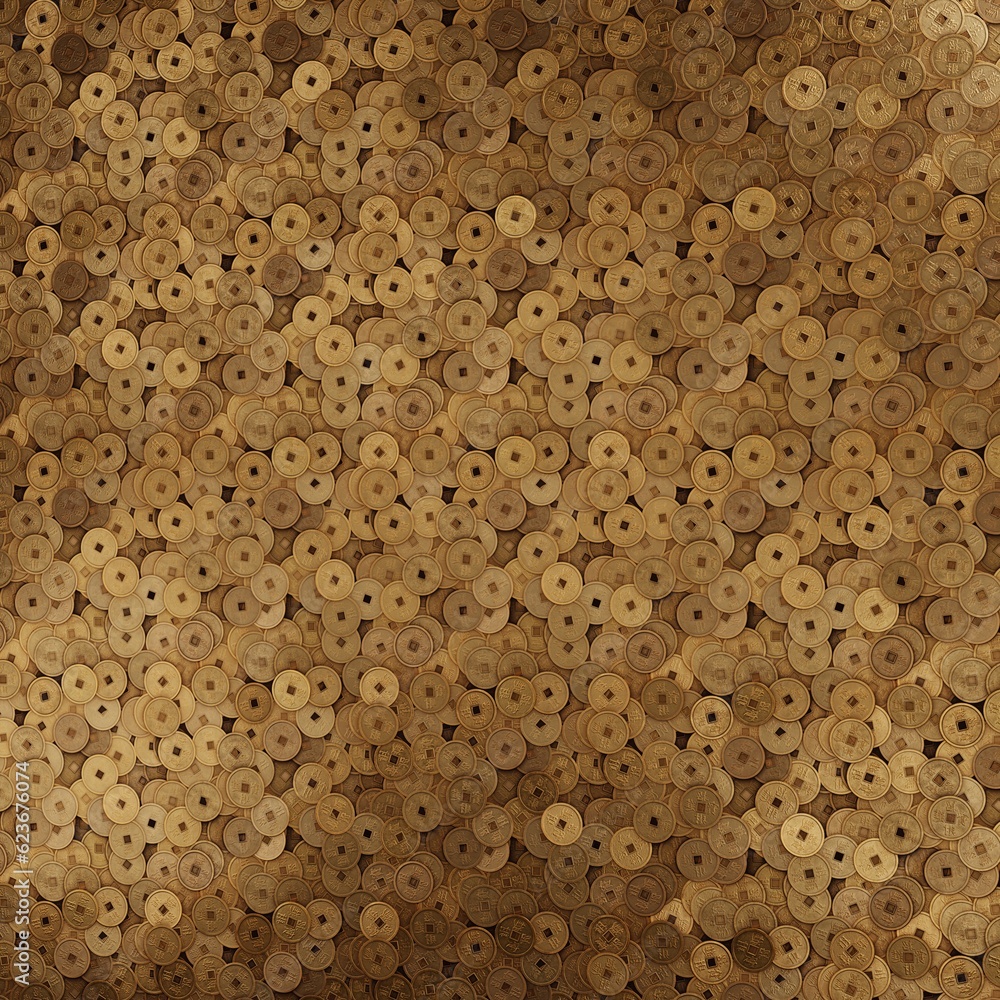 Poster a large pile of coins, with the majority of them being brown and beige in color. the coins are arran