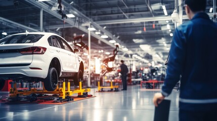 Rear view of automotive mechanic repairman look car condition in garage. Vehicle service male work in mechanics workshop. Generative Ai