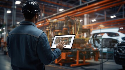 Obraz premium Male Mechanic Uses a Tablet Computer with an Augmented Reality Diagnostics Software. Specialist Inspecting Car