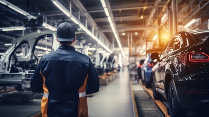 Rear view of automotive mechanic repairman look car condition in garage. Vehicle service male work in mechanics workshop. Generative Ai