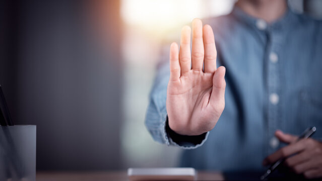 human hand stop sign, warning concept, refusal, caution, symbolic communication, preventing subsequent problems ,Help Prevent Piracy , Stop Violence ,Warning gestures to stop and check safety - Powered by Adobe