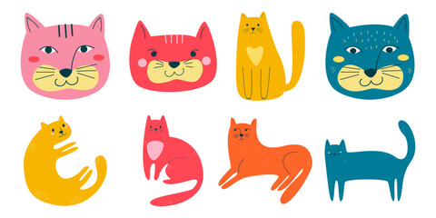 Set of Cartoon Animals Funny Cat Doodle Illustration