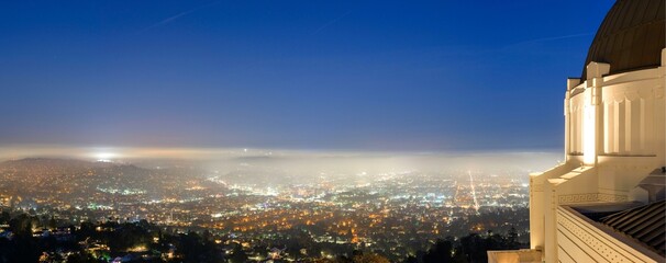 Iconic Landmark: Panoramic View of Griffith Park Observatory, a Famous Los Angeles City Landmark,...