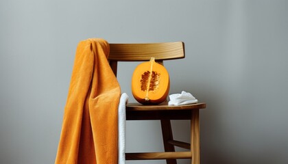 A wooden chair with a white towel on top of it with vertical half pumpkin. Minimalistic backgrounds, photoshoot studio