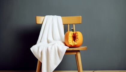 A wooden chair with a white towel on top of it with vertical half pumpkin. Minimalistic backgrounds, photoshoot studio