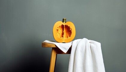 A wooden chair with a white towel on top of it with vertical half pumpkin. Minimalistic backgrounds, photoshoot studio