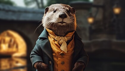 Animated funny otter in 1800 clothes, elegant animal, smart and astute