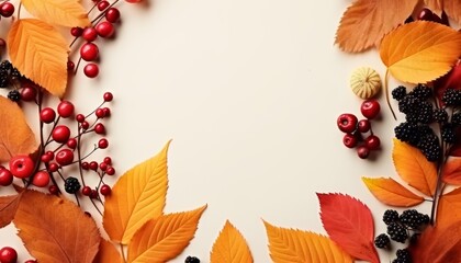 Autumn wreath made of leaves, berries, mockup flat lay with copy space.Weeding and party invitation