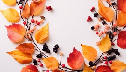 Autumn wreath made of leaves, berries, mockup flat lay with copy space.Weeding and party invitation