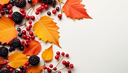Autumn wreath made of leaves, berries, mockup flat lay with copy space.Weeding and party invitation